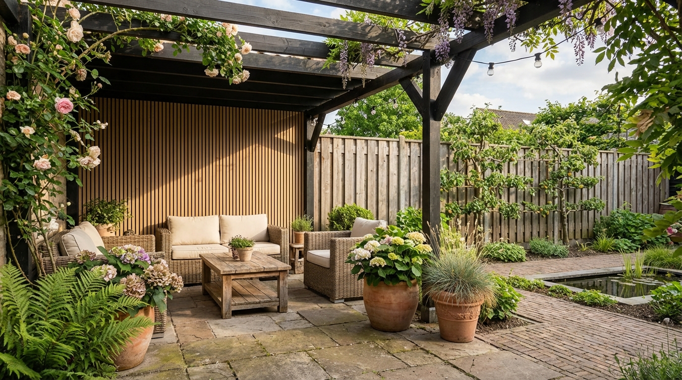 Eikenzwart gevel tuin