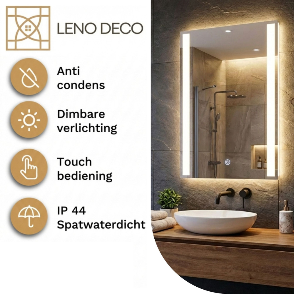 Badkamerspiegel | Rechthoek | met 2 Ledstrips | 90 x 65cm | Frameloos - Afbeelding 2