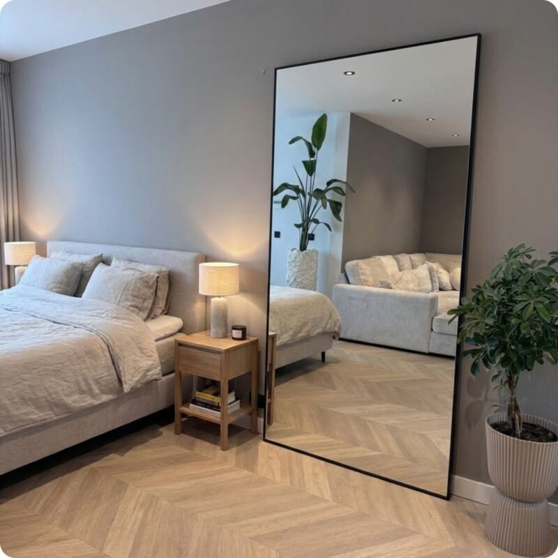 Deze stijlvolle passpiegel is de perfecte combinatie van functionaliteit en design. Dankzij het slanke zwarte frame en het minimalistische ontwerp past de spiegel moeiteloos in elk interieur – van 3
