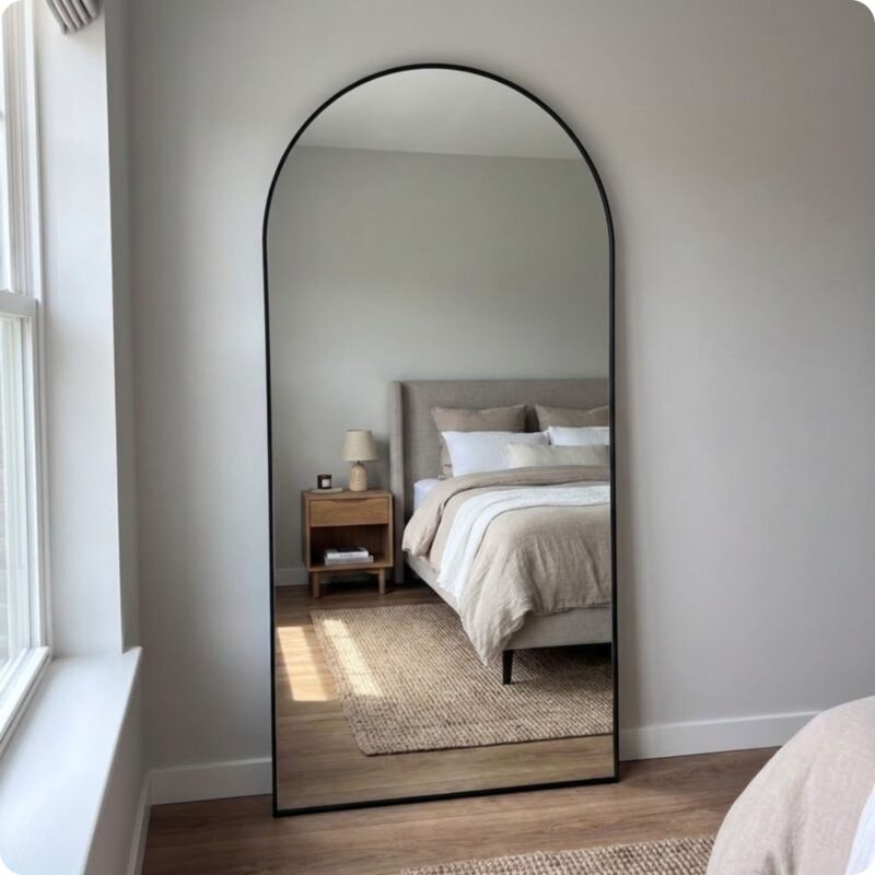 Deze stijlvolle passpiegel is de perfecte combinatie van functionaliteit en design. Dankzij het slanke zwarte frame en het minimalistische ontwerp past de spiegel moeiteloos in elk interieur – van 8