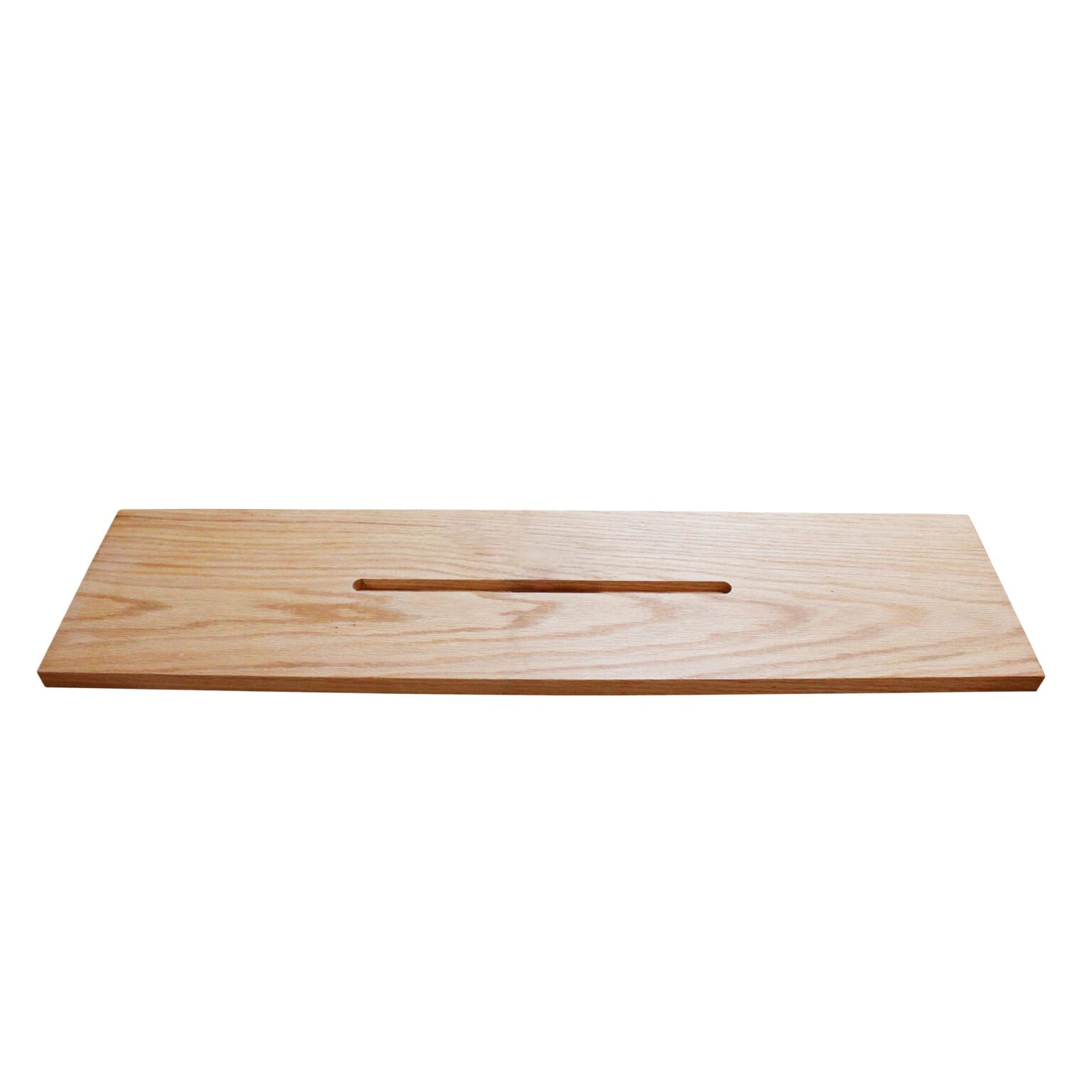 Eikenhouten badplank van bovenaf, met de gleuf in het hout