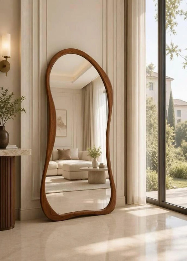 Spiegel Onda, golvende passpiegel met houten frame, 200 x 100 cm