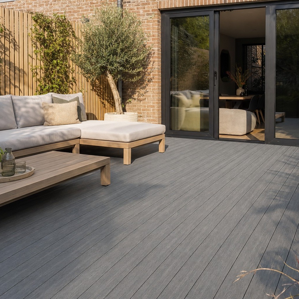 Composiet vlonderplanken antraciet als terras met loungeset achter een Nederlands rijtjeshuis