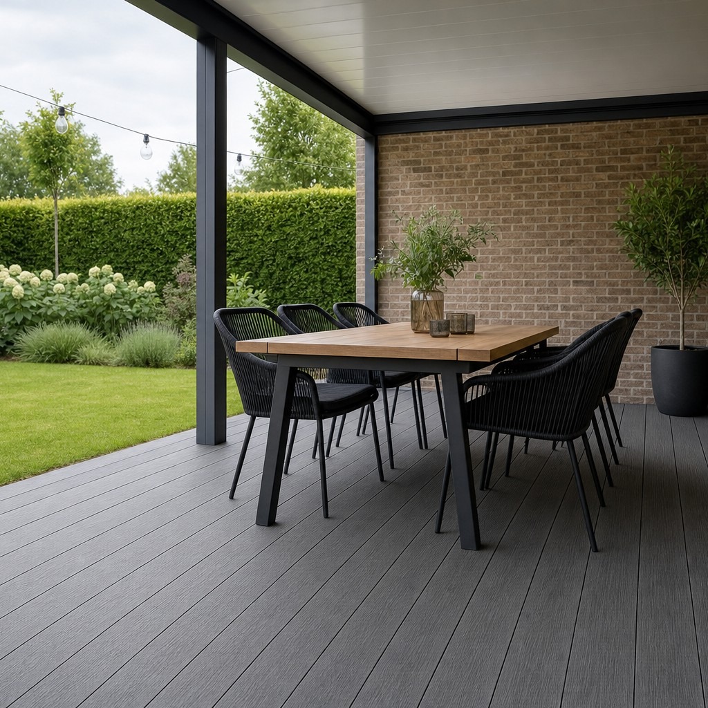 Composiet vlonderplanken antraciet onder een overkapping met eettafel