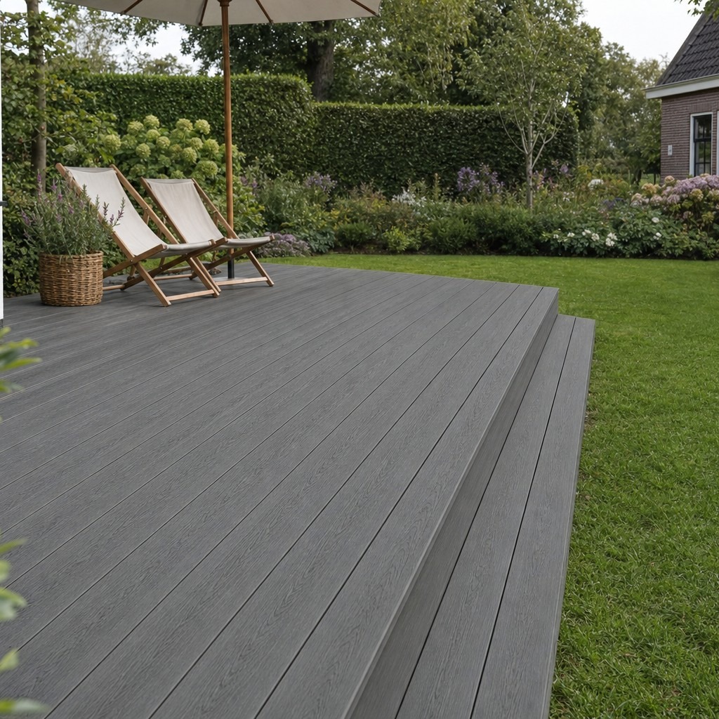 Composiet vlonderplanken antraciet als terras in de tuin met ligstoelen