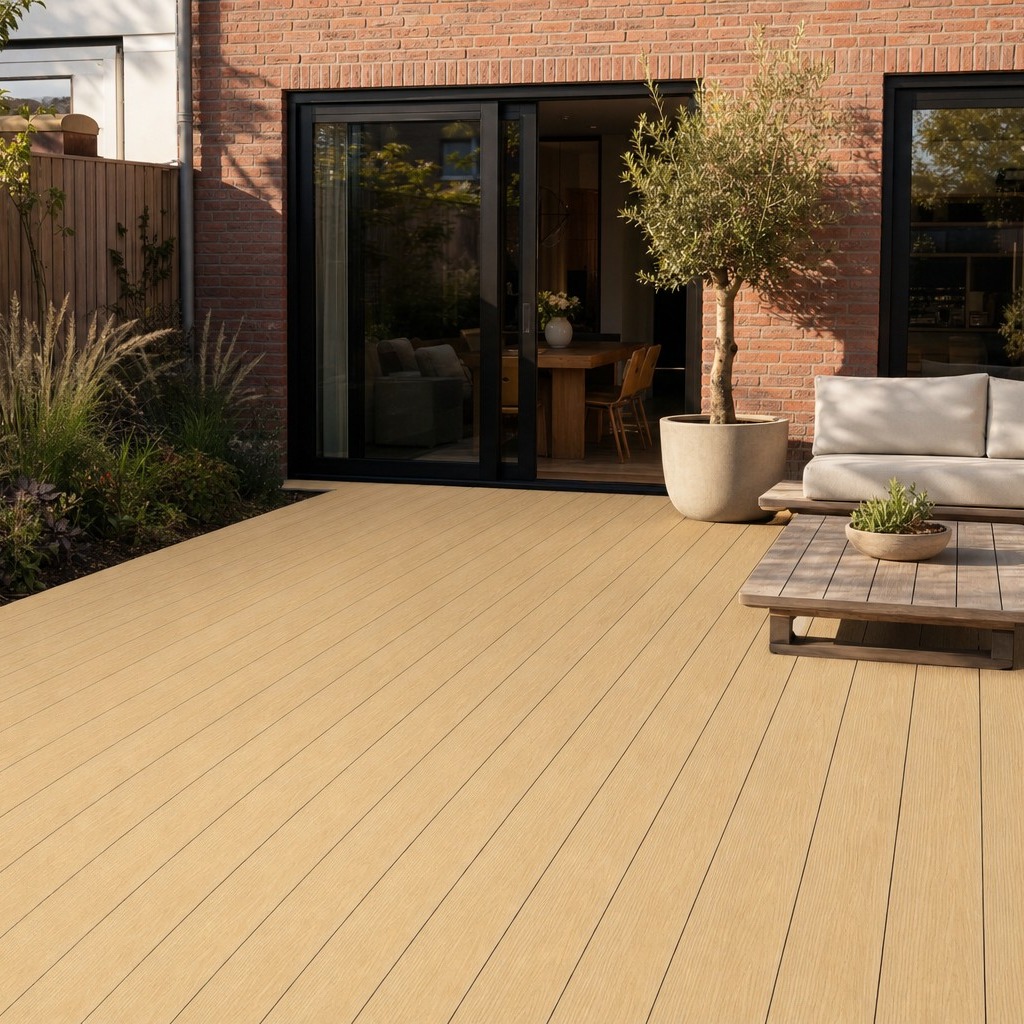 Composiet vlonderplanken eiken als terras met loungeset achter een Nederlands rijtjeshuis