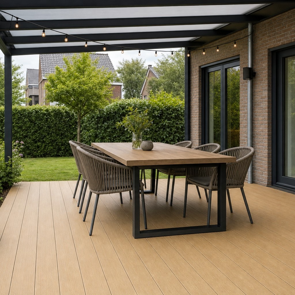 Composiet vlonderplanken eiken onder een overkapping met eettafel