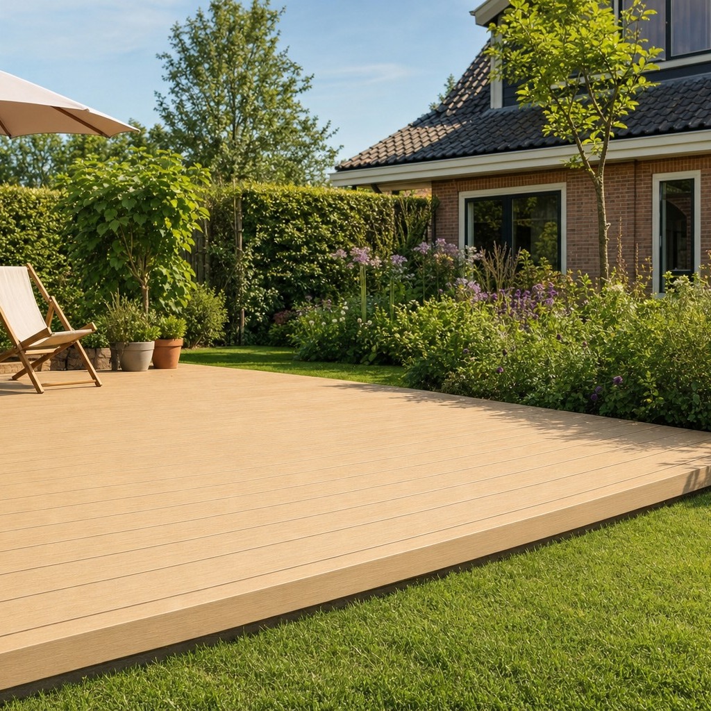 Composiet vlonderplanken eiken als terras in de tuin met ligstoelen