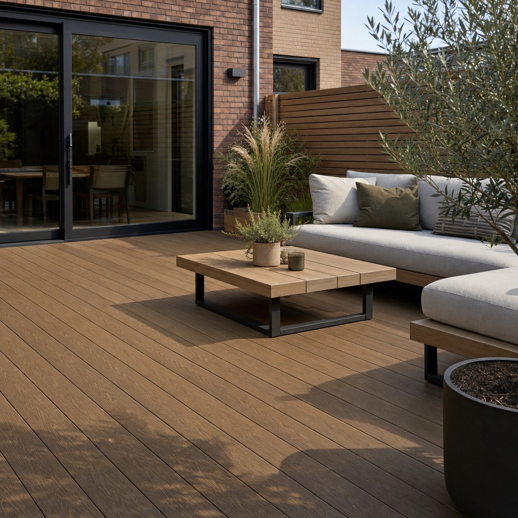 Composiet vlonderplanken teak als terras met loungeset achter een Nederlands rijtjeshuis