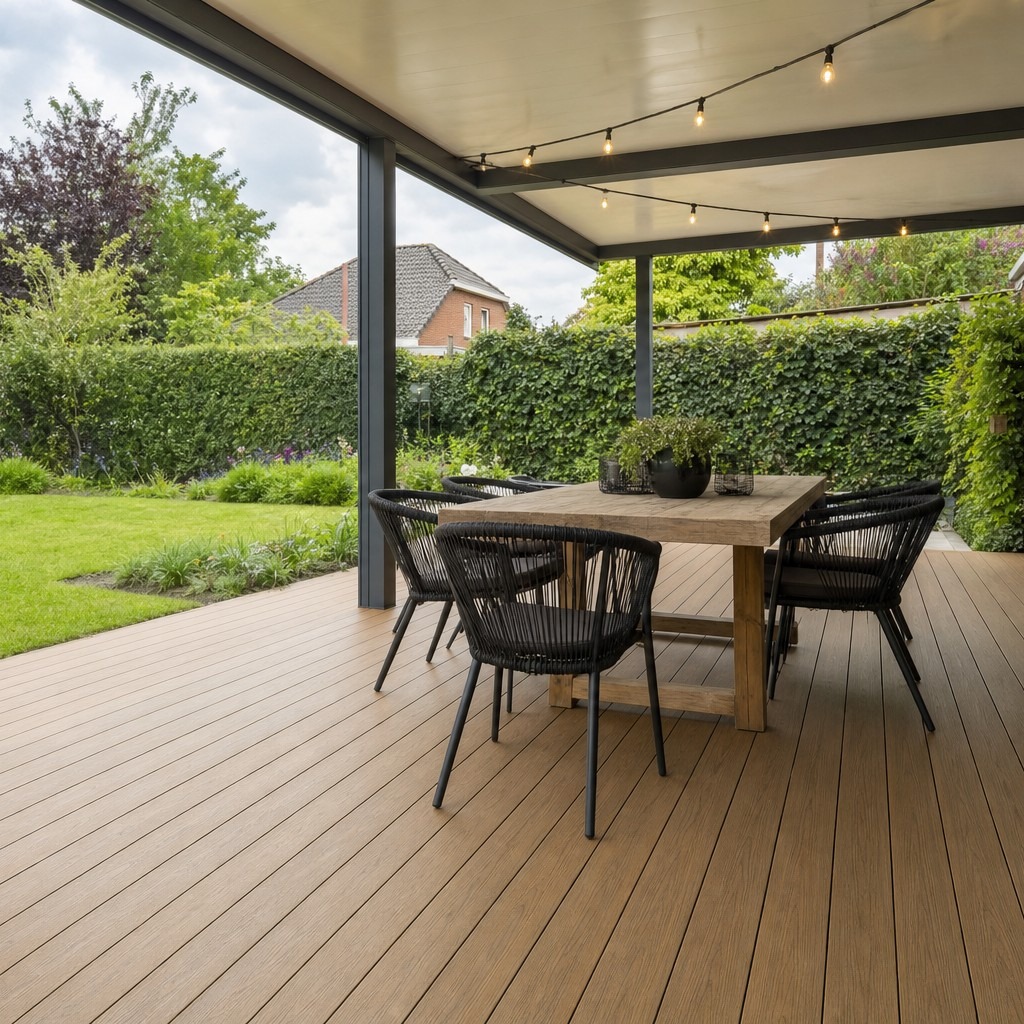 Composiet vlonderplanken teak onder een overkapping met eettafel