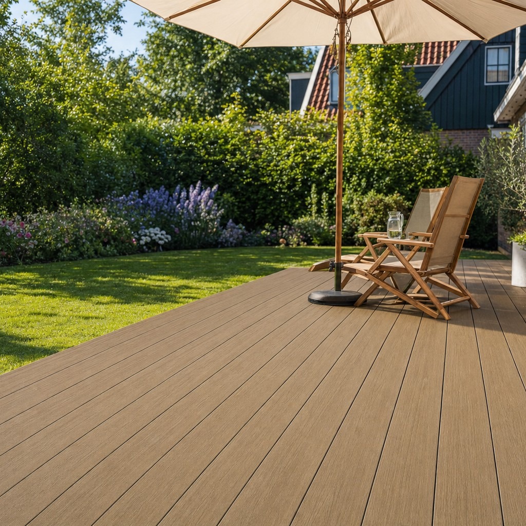 Composiet vlonderplanken teak als terras in de tuin met ligstoelen