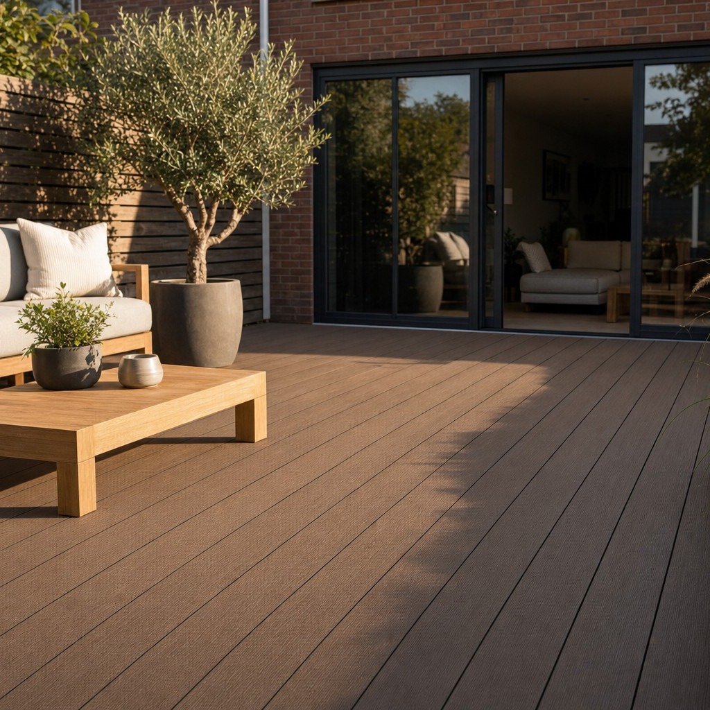 Composiet vlonderplanken walnoot als terras met loungeset achter een Nederlands rijtjeshuis