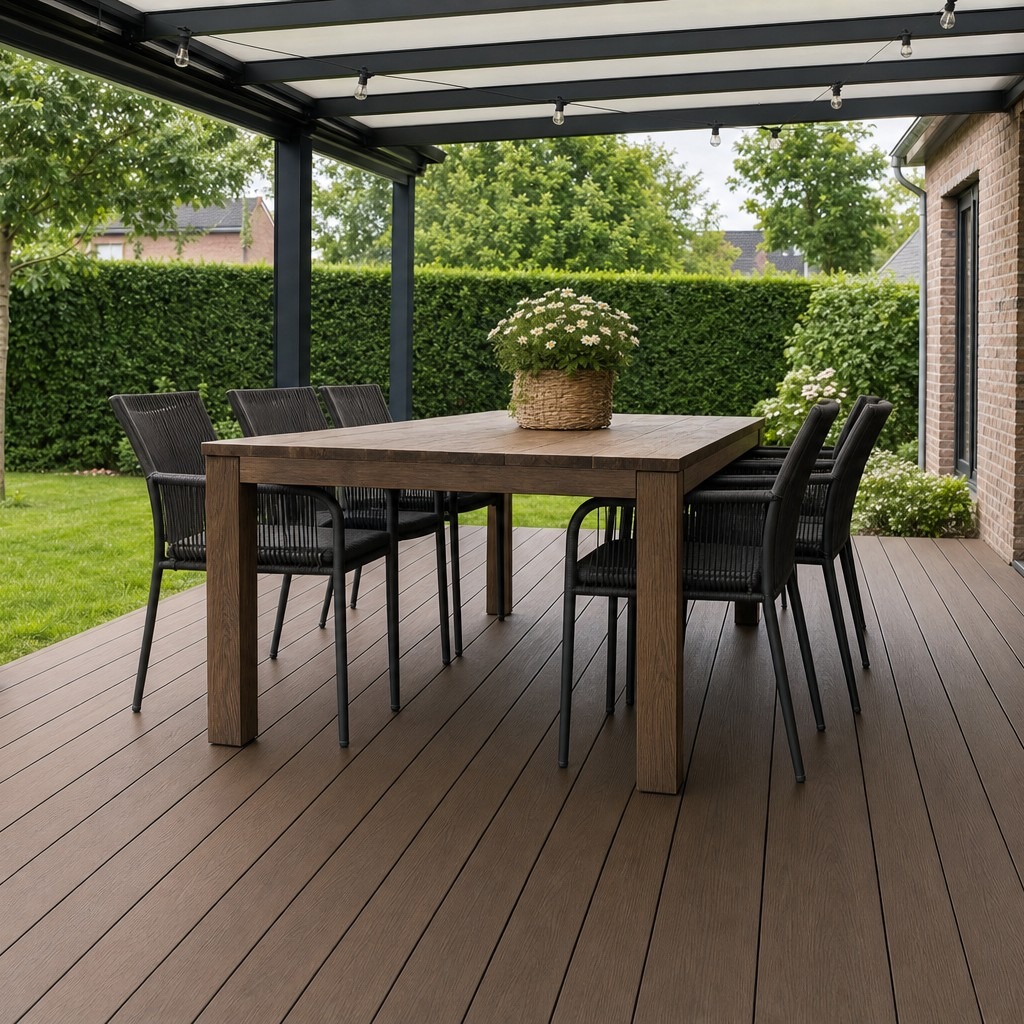 Composiet vlonderplanken walnoot onder een overkapping met eettafel