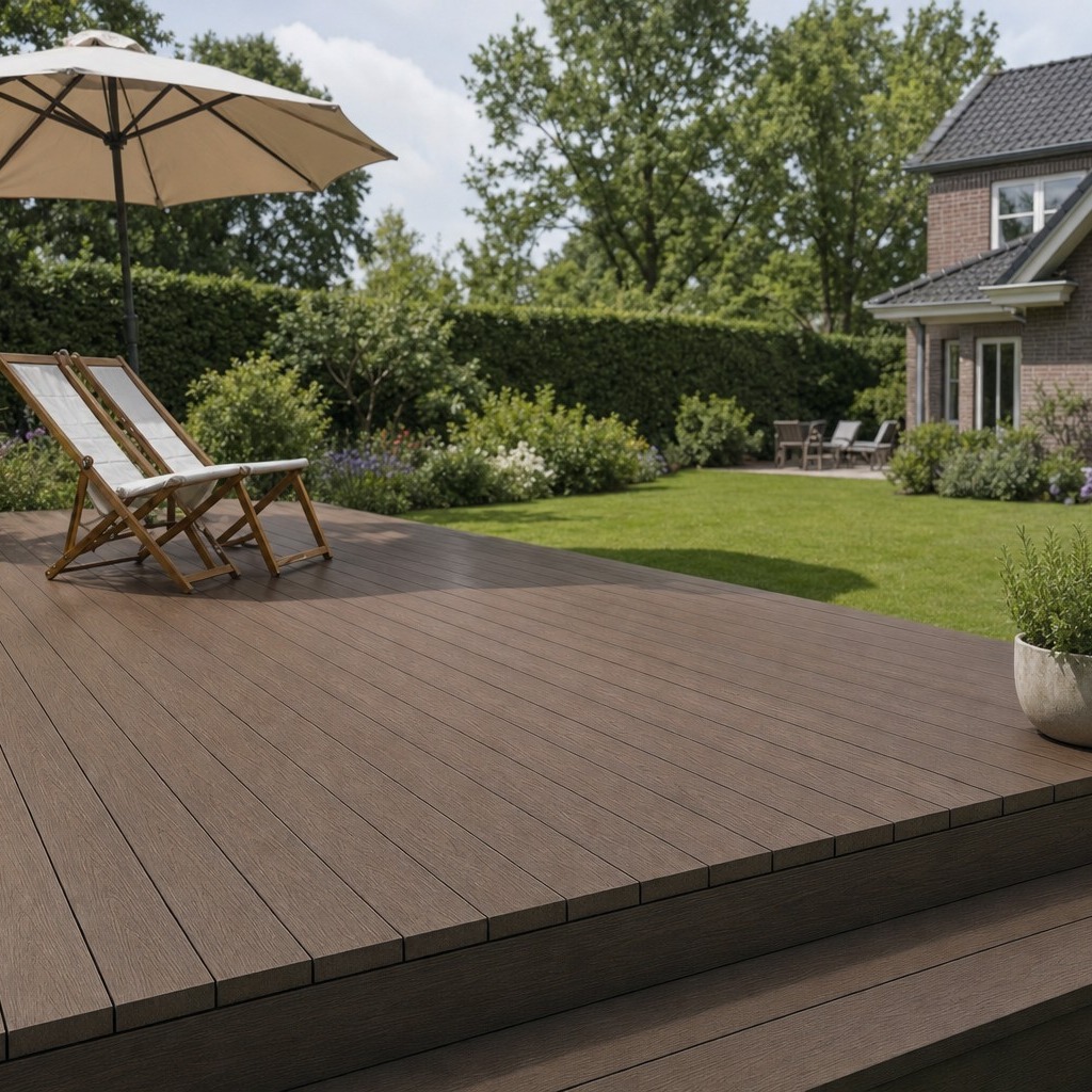 Composiet vlonderplanken walnoot als terras in de tuin met ligstoelen