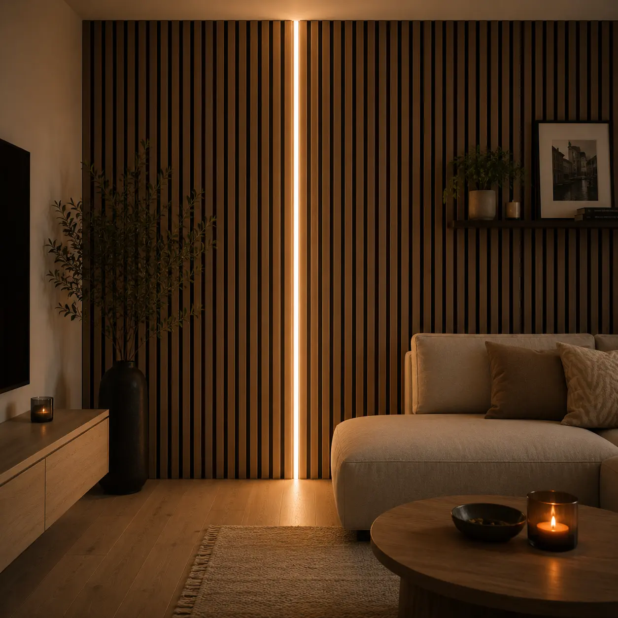 Akupanel ledstrips in een donkere woonkamer