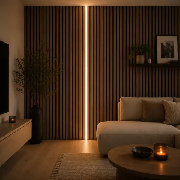 Akupanel ledstrips in een donkere woonkamer