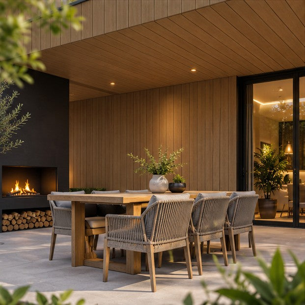 Premium gevelbekleding rabat Teak in de praktijk, overkapping en terras