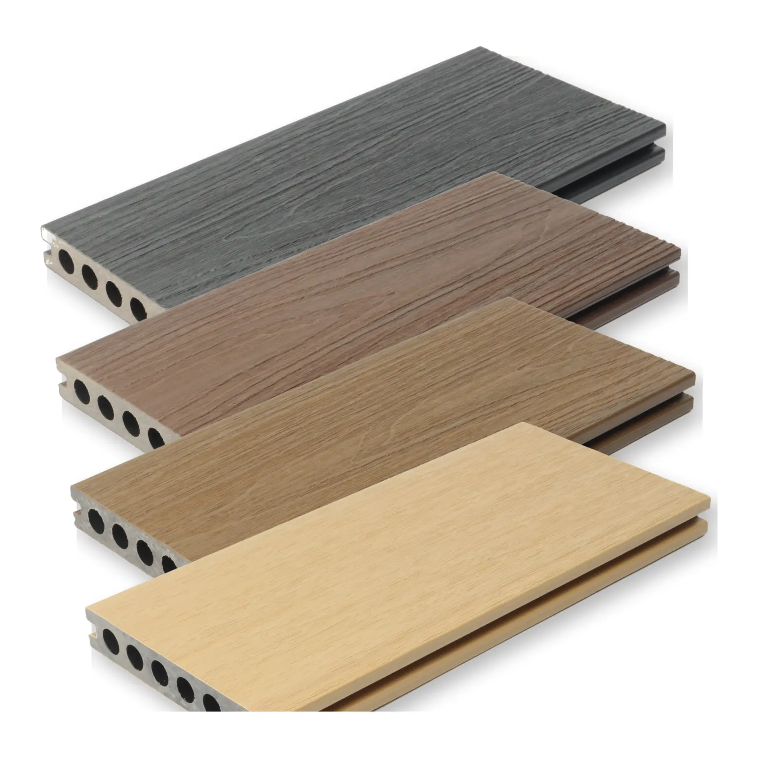 Samples composiet vlonderplanken in 4 kleuren, met hol profiel